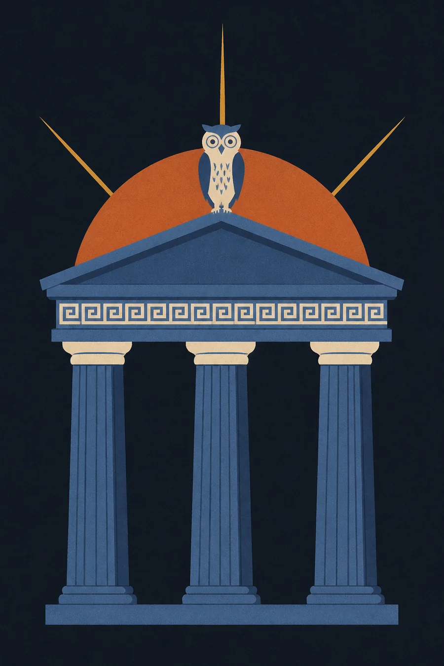 A small Greek temple with three equal columns, Athena’s owl perched on the pediment before a rising sun